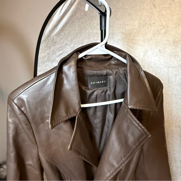 Animari Brown Faux Leather Trench Coat Belted Double Breasted Size Medium - Picture 2 of 8